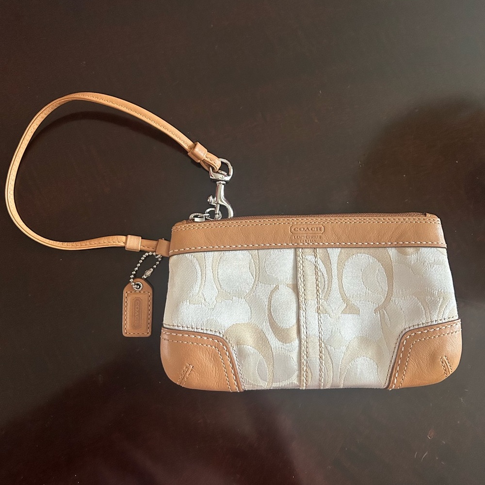 Coach tan signature canvas & brown leather wristlet wallet. Excellent condition!